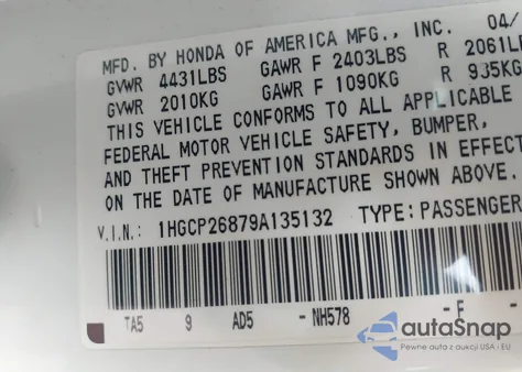 2009 Honda Accord 2.4 Ex-L z USA, uszkodzony, nr VIN 1HGCP26879A135132
